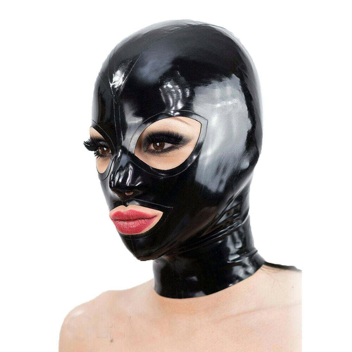 Latex mask with black hood and zipper
