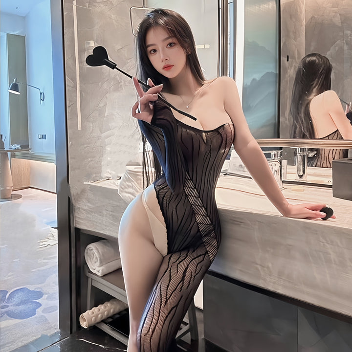 One-sleeved, off-the-shoulder bodysuit