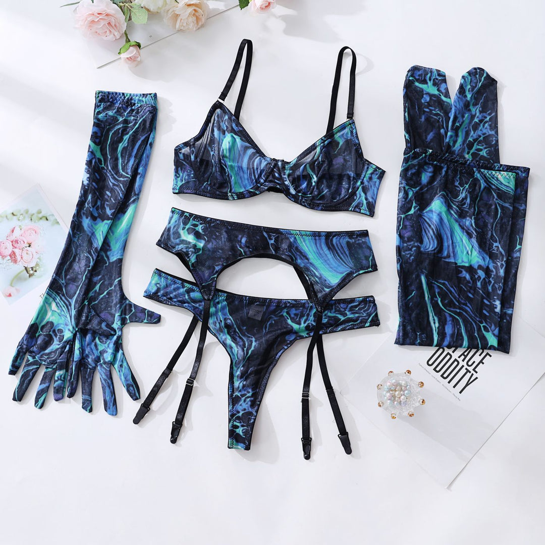 5-piece sexy lingerie set with gloves, stockings, and mesh print