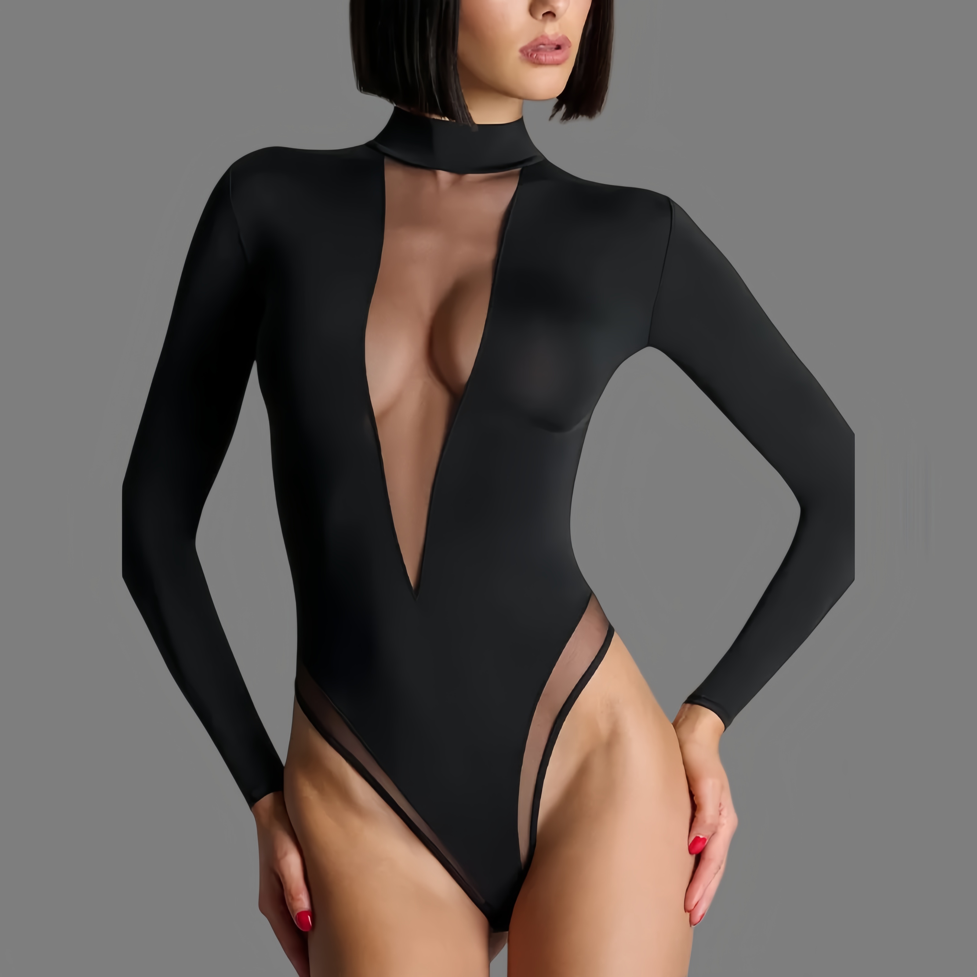 New style deep V-neck sheer long-sleeved bodysuit