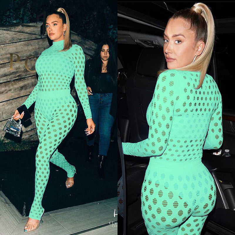 Sexy high-neck ripped knitted mesh breathable suit