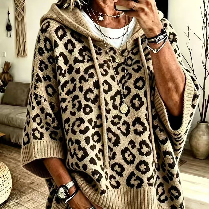 Leopard-print hooded knit sweatshirt/jacket (loose fit)