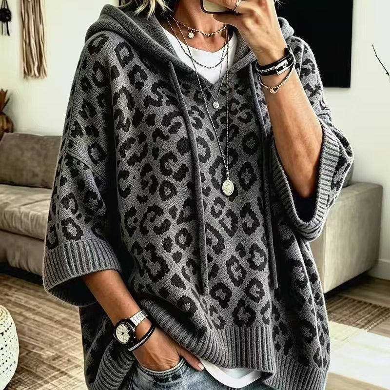 Leopard-print hooded knit sweatshirt/jacket (loose fit)