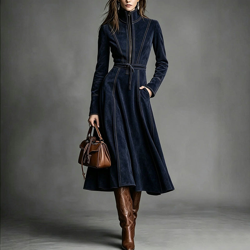 Elegant vintage-style faux suede zip-front maxi skirt