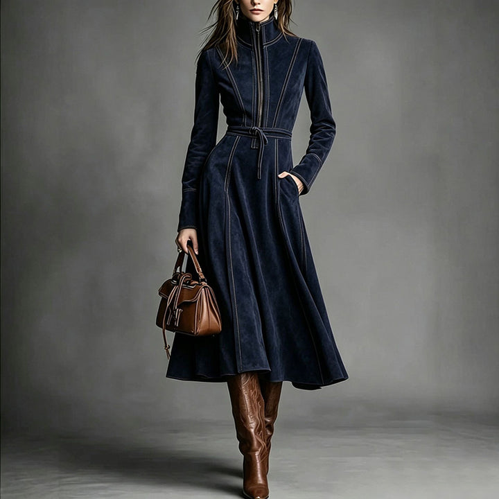 Elegant vintage-style faux suede zip-front maxi skirt