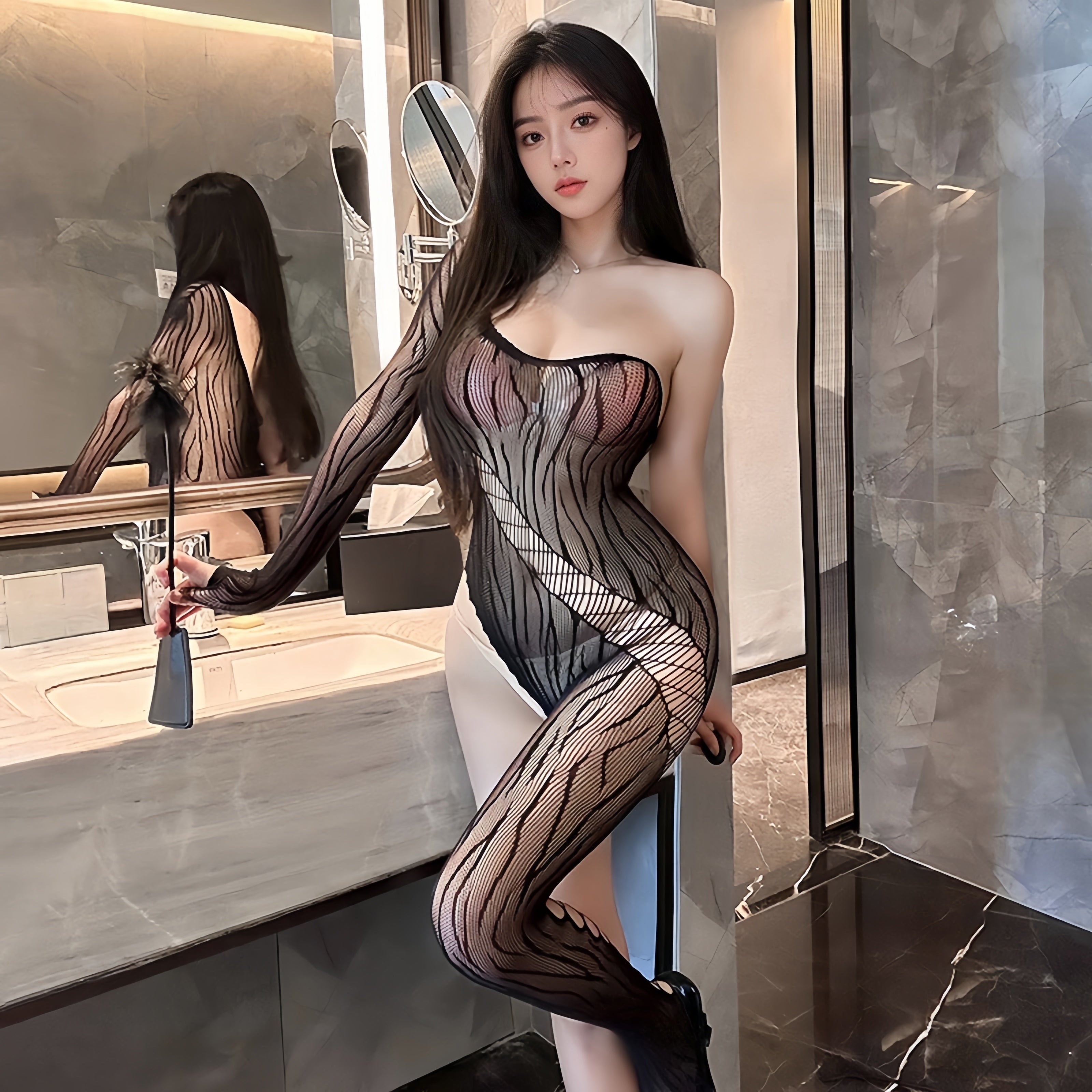 One-sleeved, off-the-shoulder bodysuit