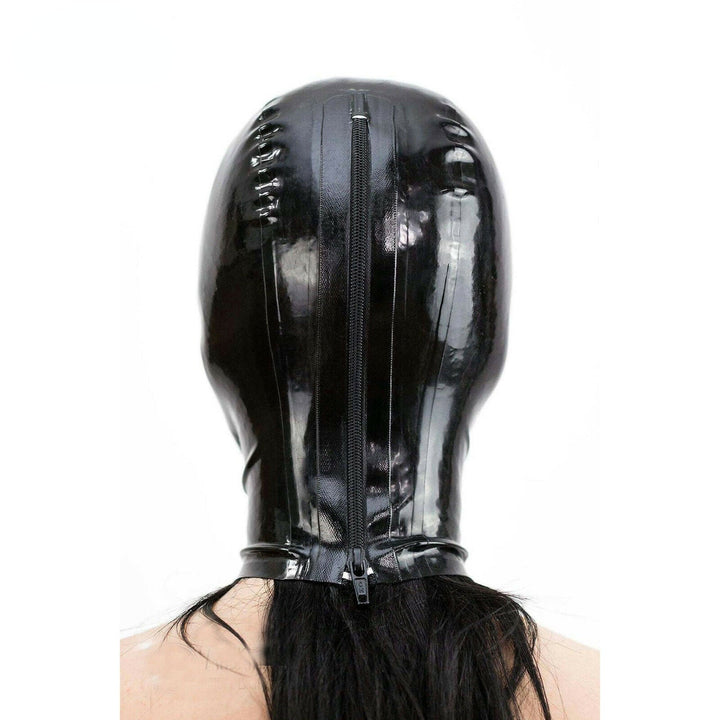 Latex mask with black hood and zipper