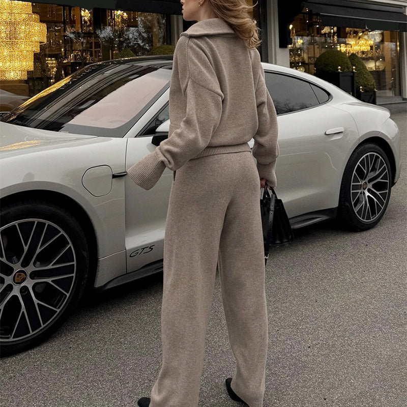 Collared knit top with two-way zipper and wide-leg trousers set