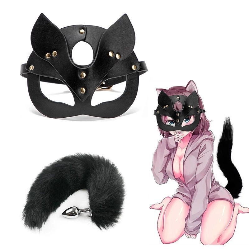 Sexy mask metal butt plug tail