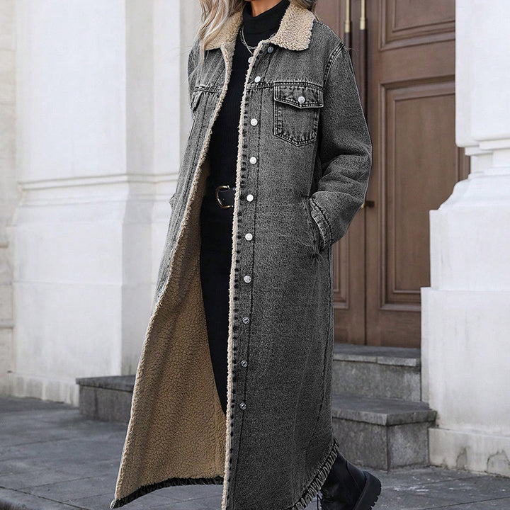 Oversized, long-line, fleece-lined denim jacket