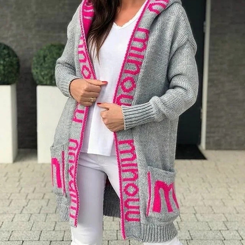 New Autumn/Winter Long Hooded Letter-Pattern Knit Cardigan