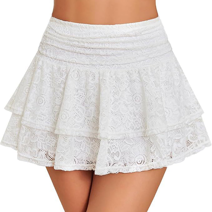 Solid-color mid-to-high-waist skirt with lace detailing (short length)