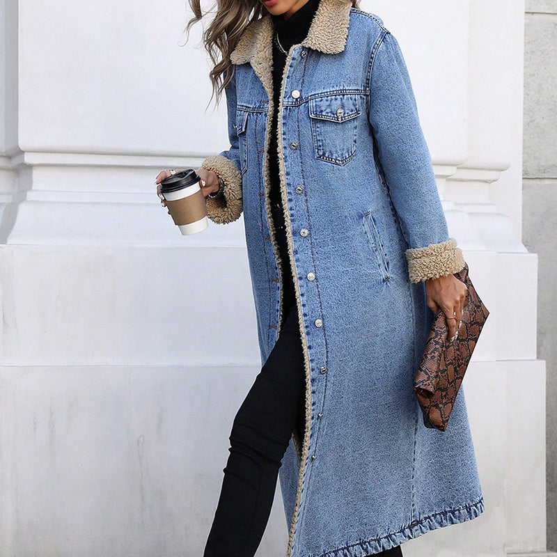 Oversized, long-line, fleece-lined denim jacket