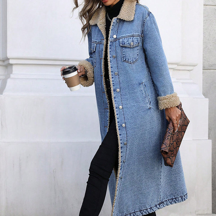 Oversized, long-line, fleece-lined denim jacket