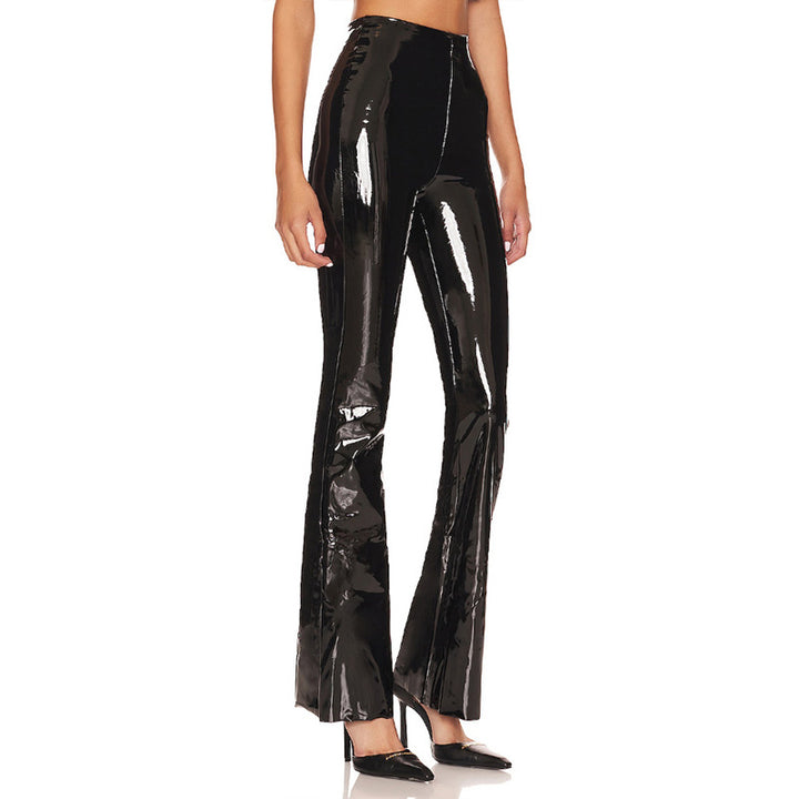 New high-waisted, slightly flared PU mirrored leather pants