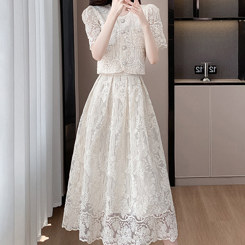 Beaded lace top and high-waisted, full-skirted midi skirt set