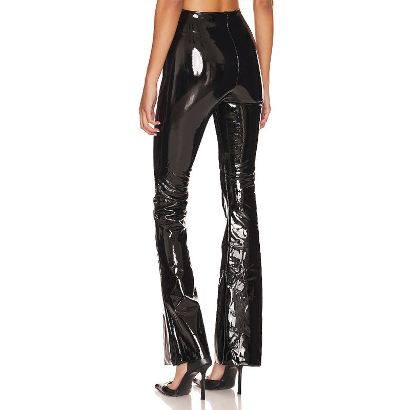New high-waisted, slightly flared PU mirrored leather pants