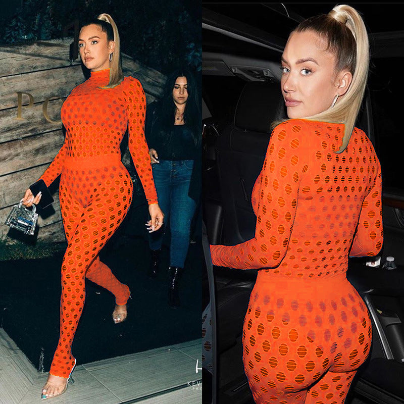 Sexy high-neck ripped knitted mesh breathable suit