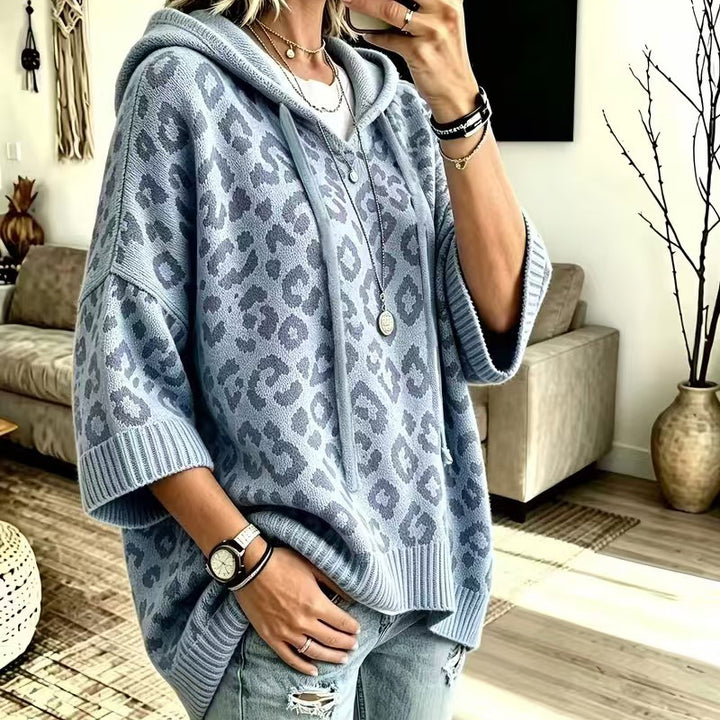 Leopard-print hooded knit sweatshirt/jacket (loose fit)