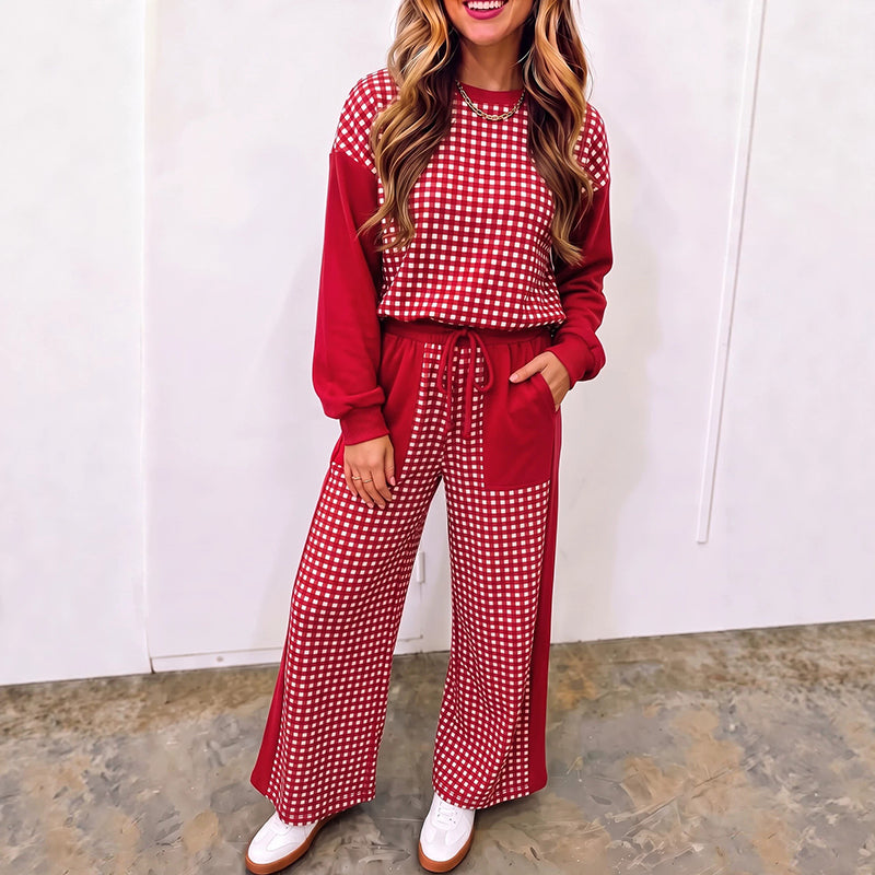 Plaid-paneled crew-neck top and drawstring wide-leg trousers