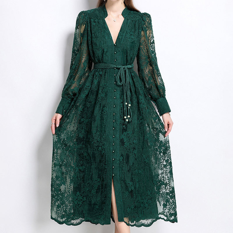 French-style embroidered V-neck dress with lantern sleeves