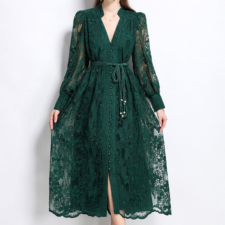 French-style embroidered V-neck dress with lantern sleeves