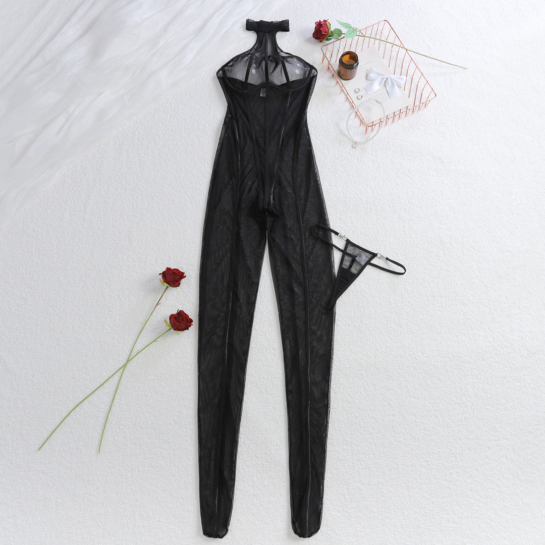 Slimming vertical-striped sheer jumpsuit