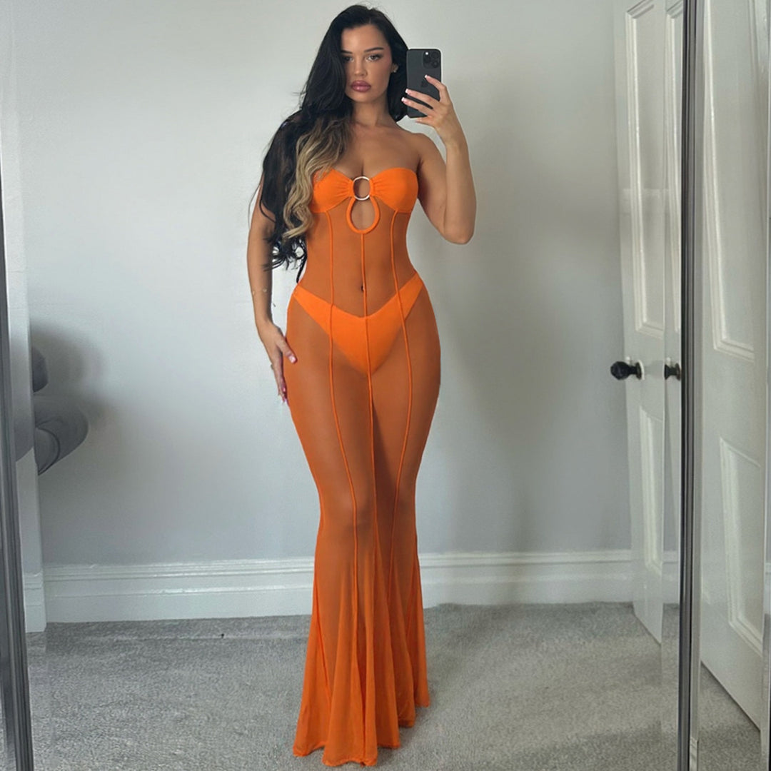 Trendy off-the-shoulder sexy sheer dress