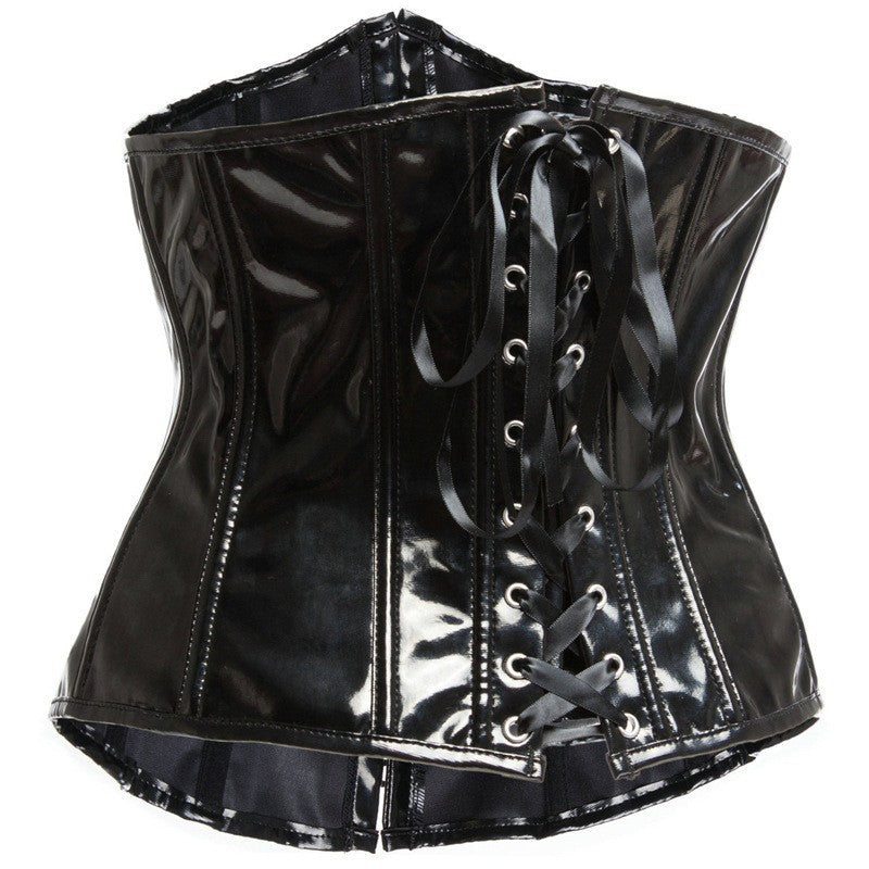 New sexy short mirrored leather belted corset