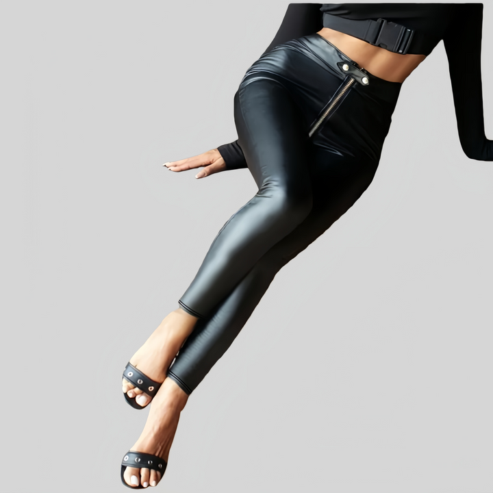 New zippered slim-fit black PU leather pants