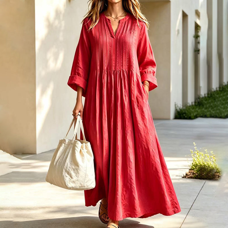 New Loose Casual V-Neck Long-Sleeve Pleated Dress