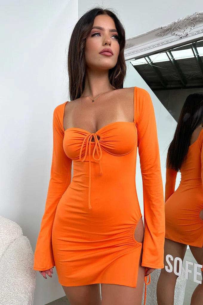 New long-sleeved slit low-neck hip-hugging