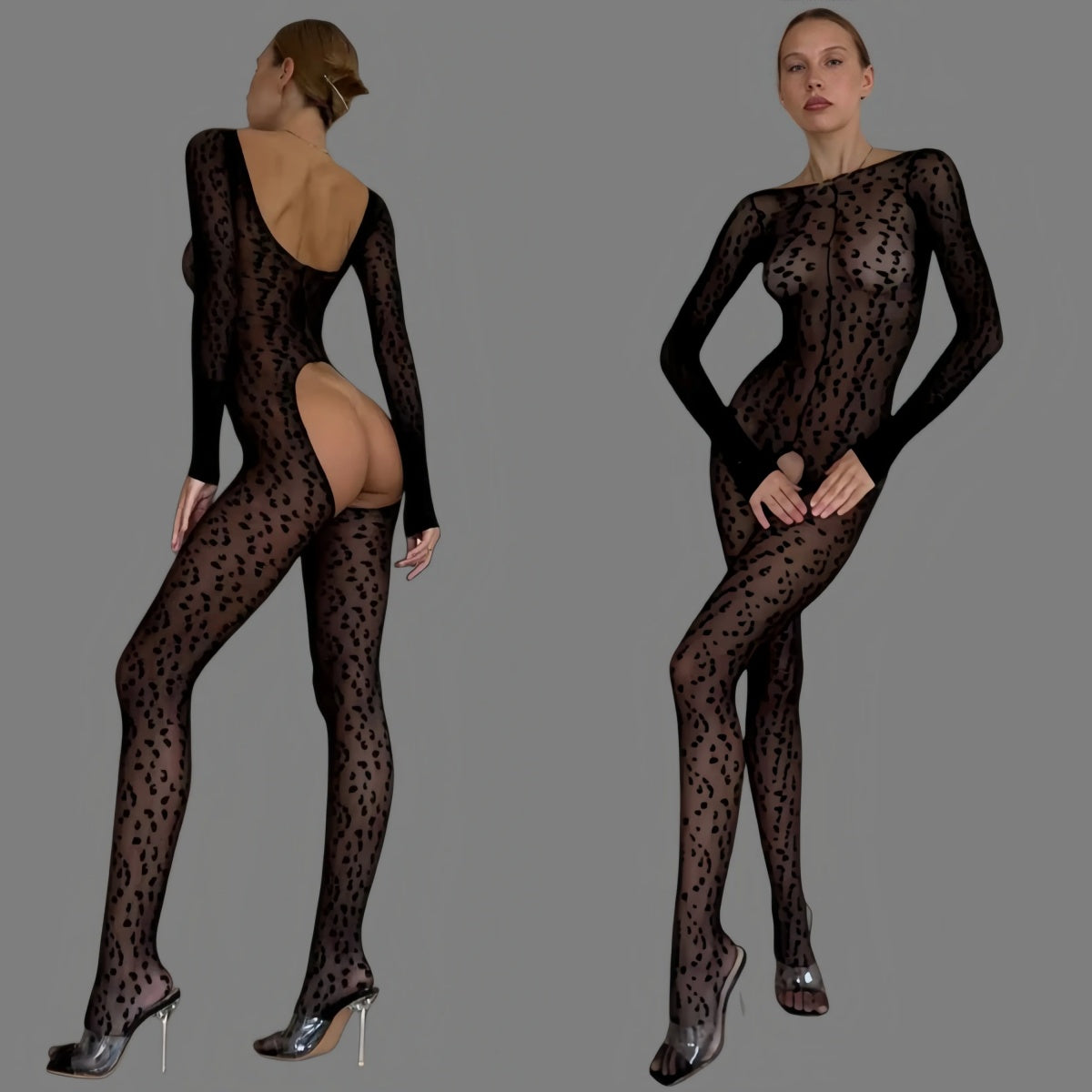 Wild leopard print open-buttocks bodysuit stockings