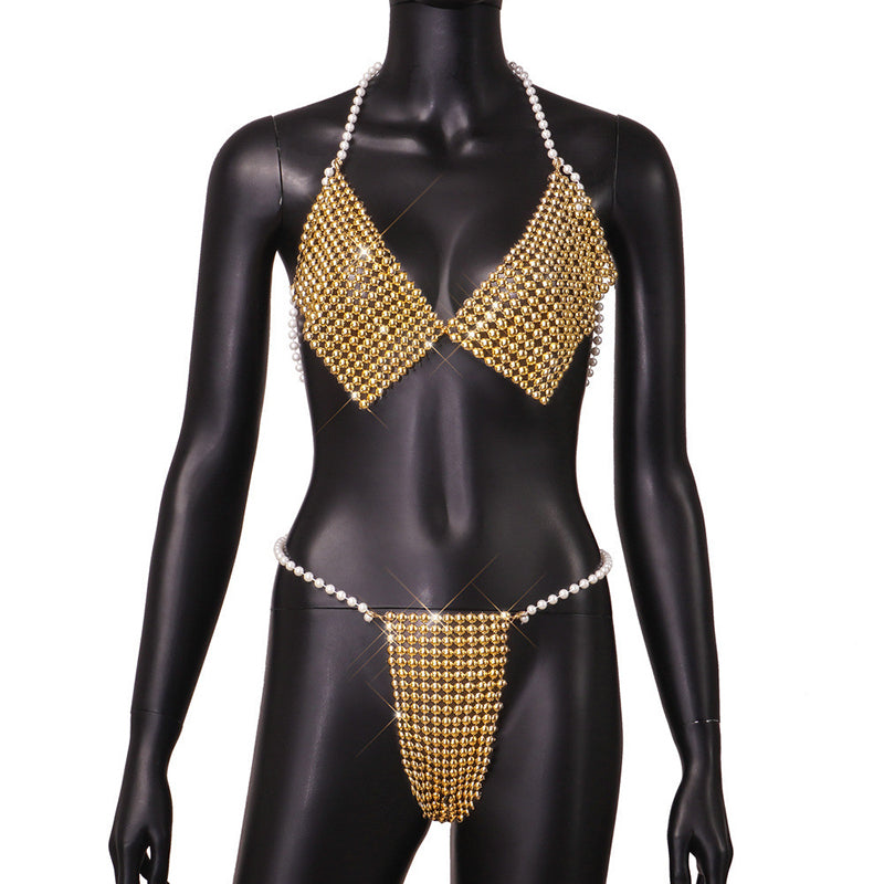 New Sexy Pearl-Embellished Halter Bikini Set