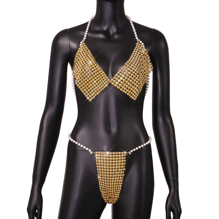 New Sexy Pearl-Embellished Halter Bikini Set