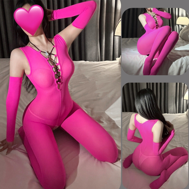 Sexy backless cross-chest see-through stockings