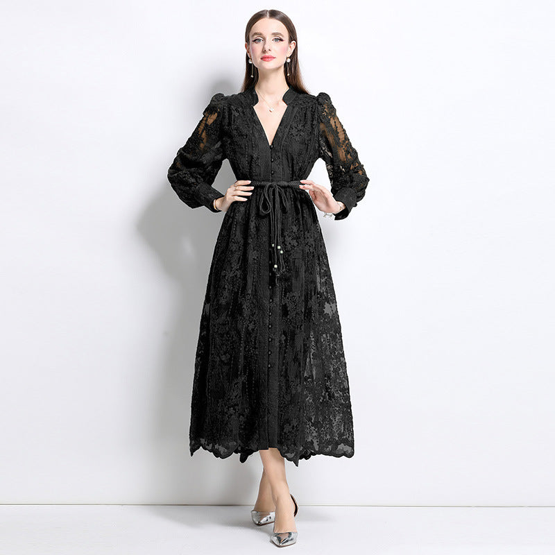 French-style embroidered V-neck dress with lantern sleeves