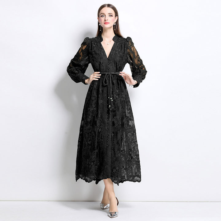 French-style embroidered V-neck dress with lantern sleeves