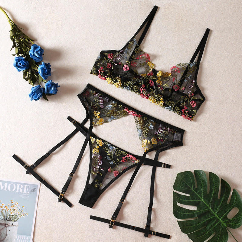 Sexy pastoral floral print lingerie three-piece set