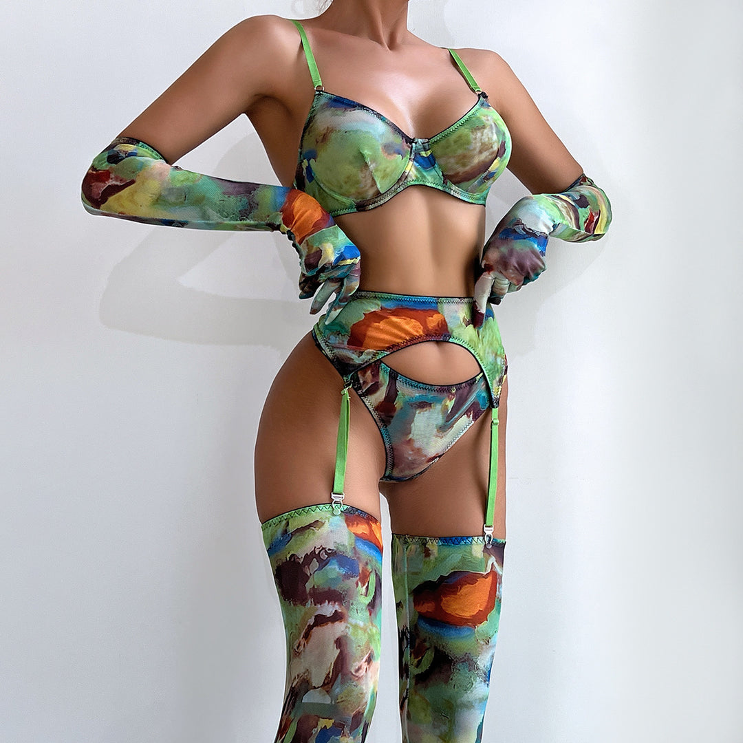 5-piece sexy lingerie set with gloves, stockings, and mesh print
