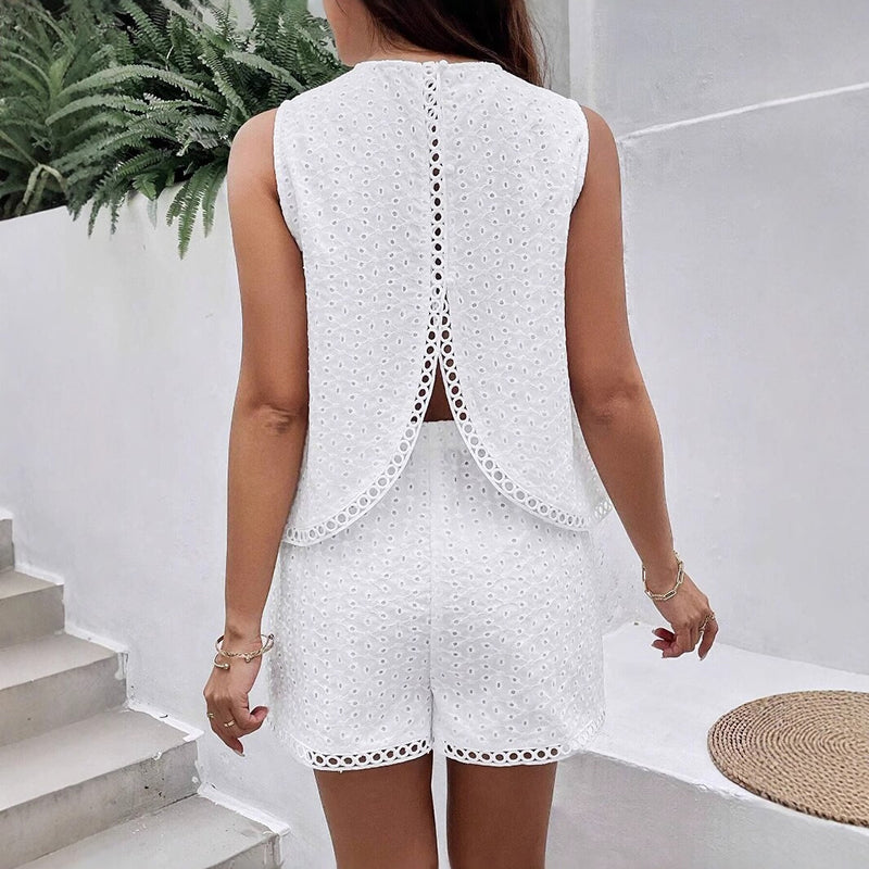 Solid-color backless embroidered tank top and shorts two-piece set