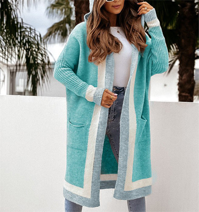 Versatile long hooded knit cardigan for autumn and winter