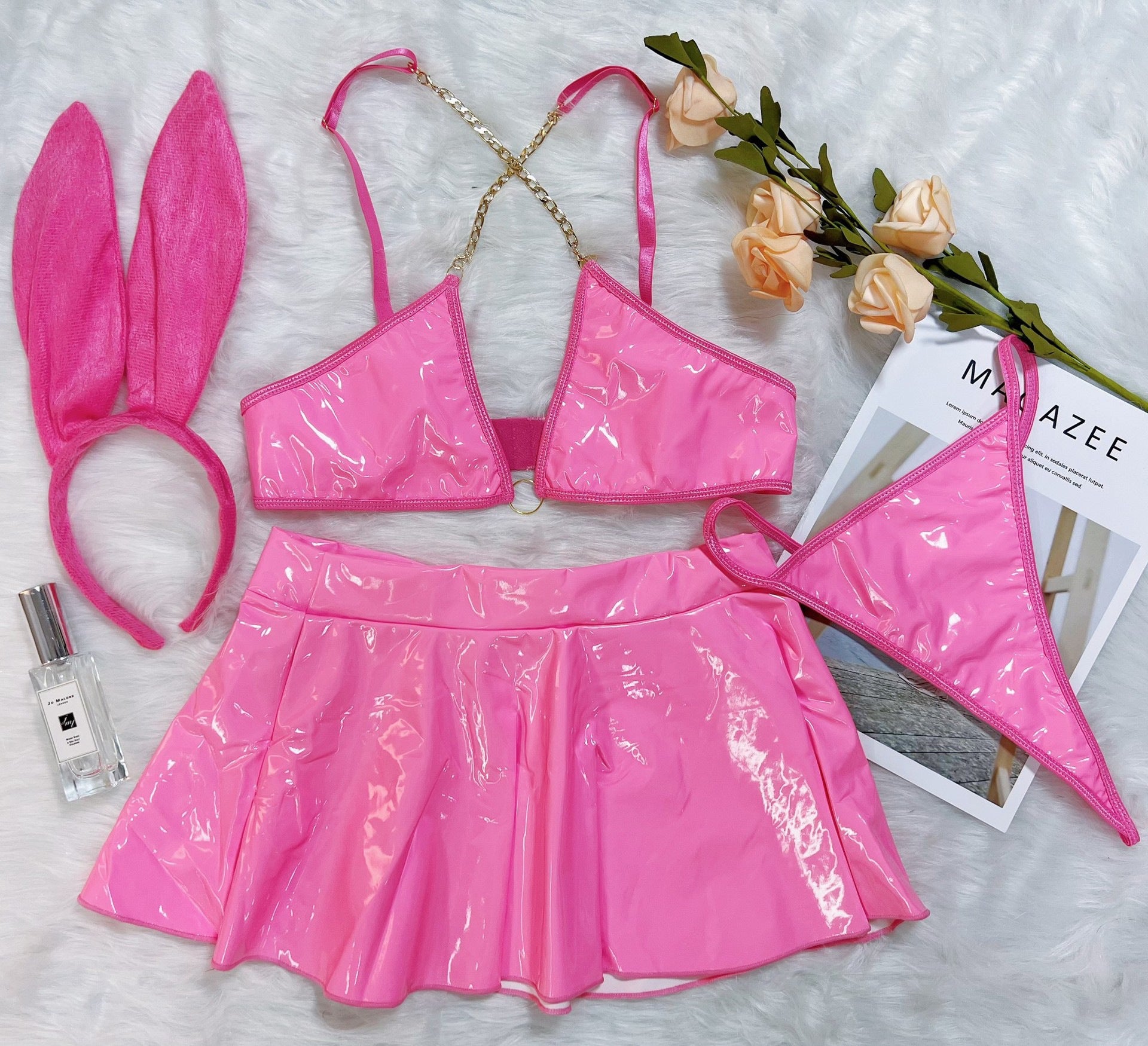 Patent leather bunny girl role play sexy lingerie set