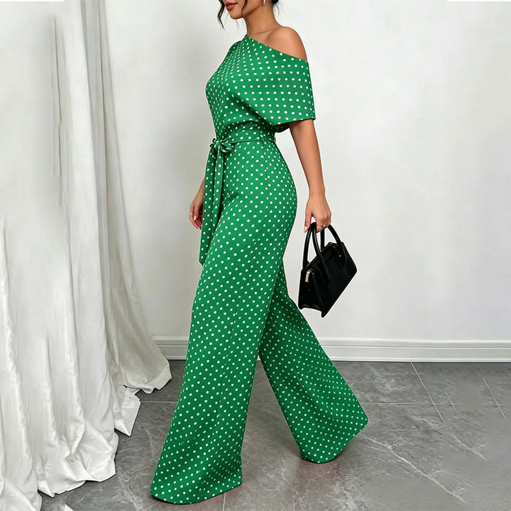 Women’s Asymmetric-Neck Off-Shoulder Cinched-Waist Jumpsuit