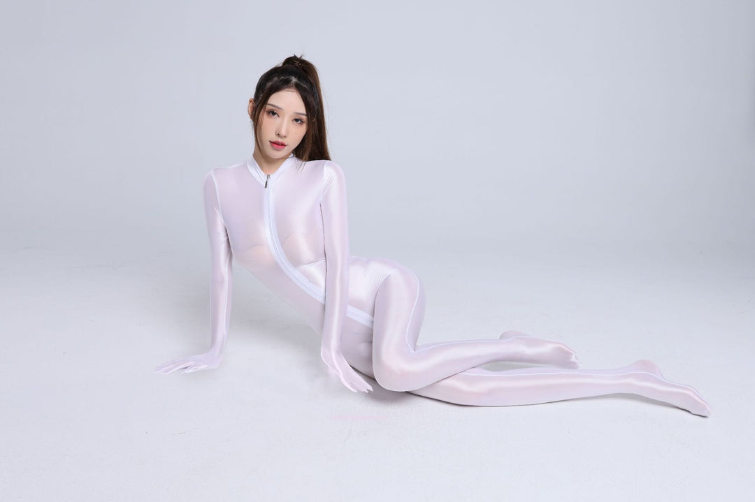 A smooth, silky double-zip bodysuit that covers the hands and feet.