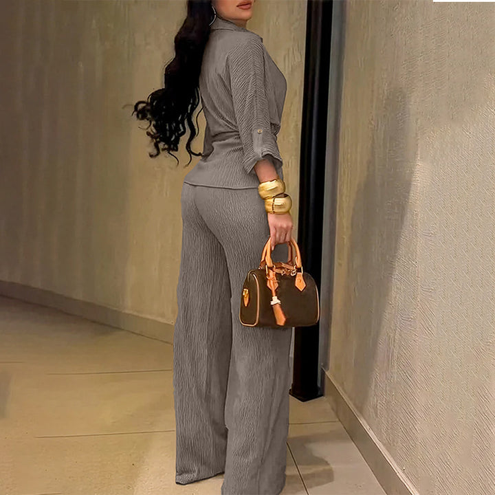 Women’s Collared Drawstring Top and Wide-Leg Pants Set