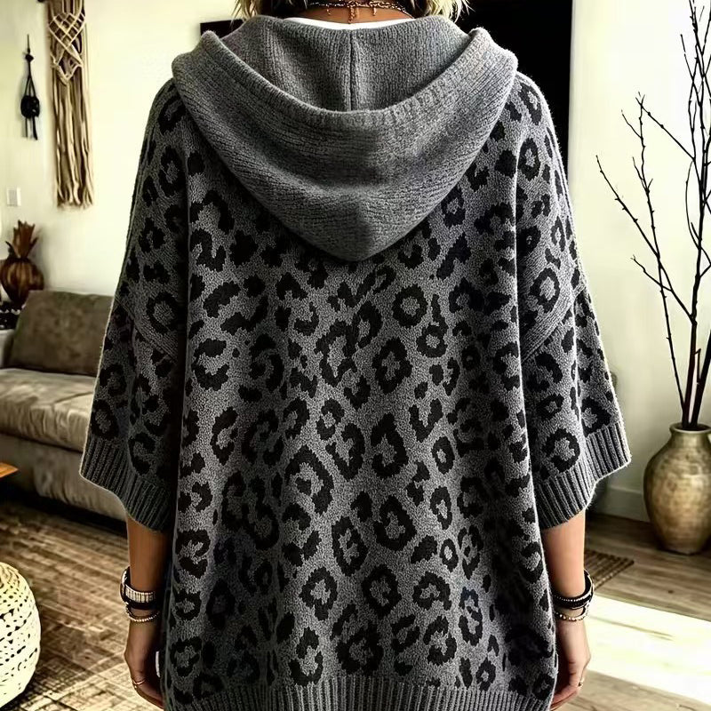 Leopard-print hooded knit sweatshirt/jacket (loose fit)