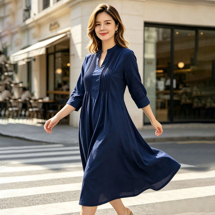 New French-style long-sleeved pleated dress