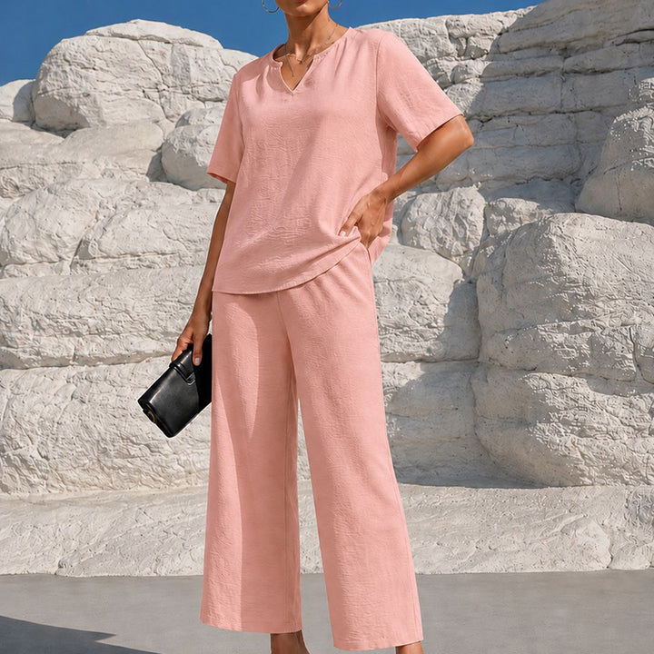 Solid-color V-neck short-sleeved top and cropped wide-leg pants set