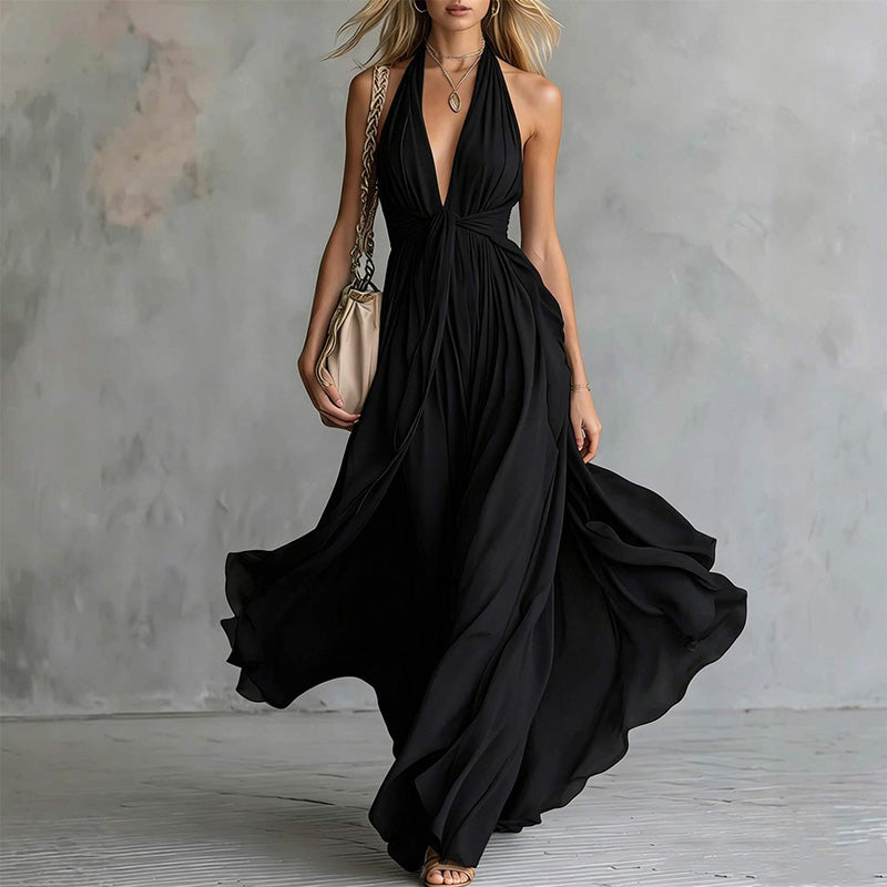 New sexy solid-color V-neck sleeveless waist-cinching dress